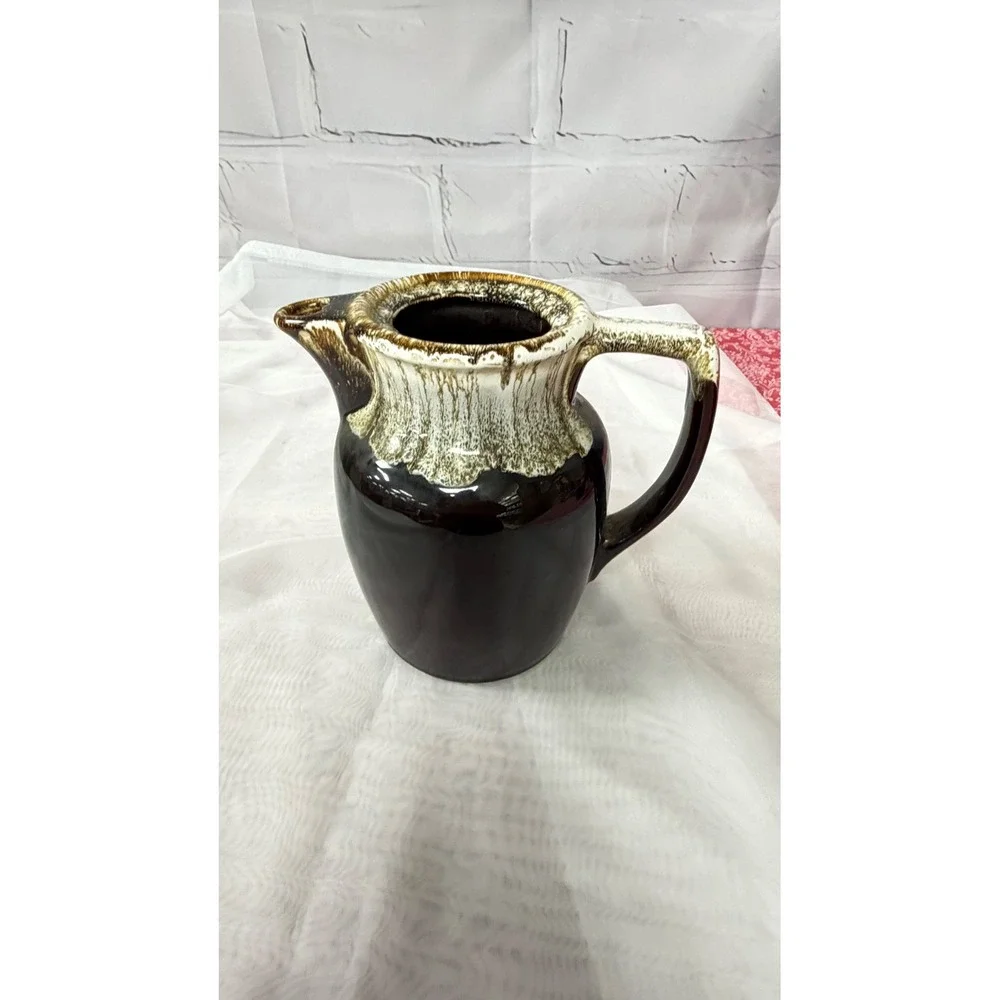 Vintage Brown and White Drip Glaze Ceramic Pitcher Mid Century Modern Decor